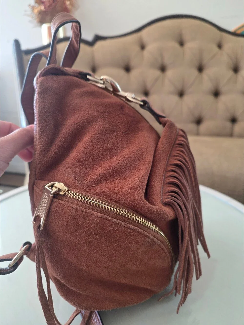 $348 Rebecca Minkoff Julian Fringe Backpack Brown Suede Concert Boho